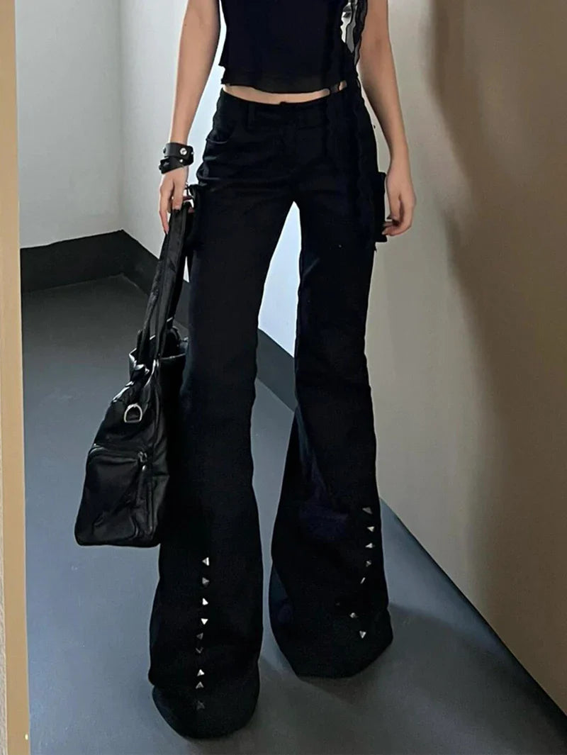Hight Street Sheath High Waist Flared Jeans Black Kpop Retro Y2K Harajuku Pants Women's Vintage Slim 2000s Skinny Denim Trouser