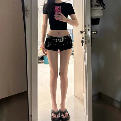 Women'S Punk Gothic Popular Denim Super Shorts Female Korean Fashion Slin Fit Hot Short Pants Black Sexy Low Waist Y2K Jean Shor