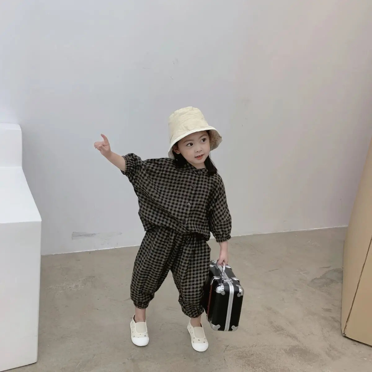Kid Girls Korean Style Cotton Linen Suits Spring Autumn 2026 New Summer Baby Girl Fashion Casual Plaid 7-point Sleeve 2pcs Sets