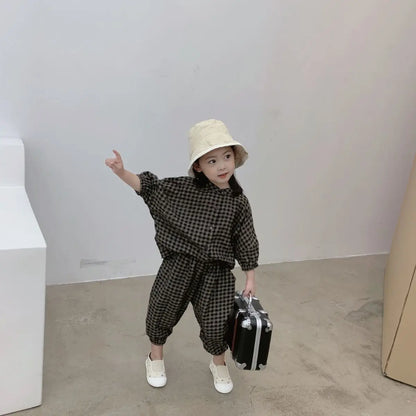 Kid Girls Korean Style Cotton Linen Suits Spring Autumn 2026 New Summer Baby Girl Fashion Casual Plaid 7-point Sleeve 2pcs Sets