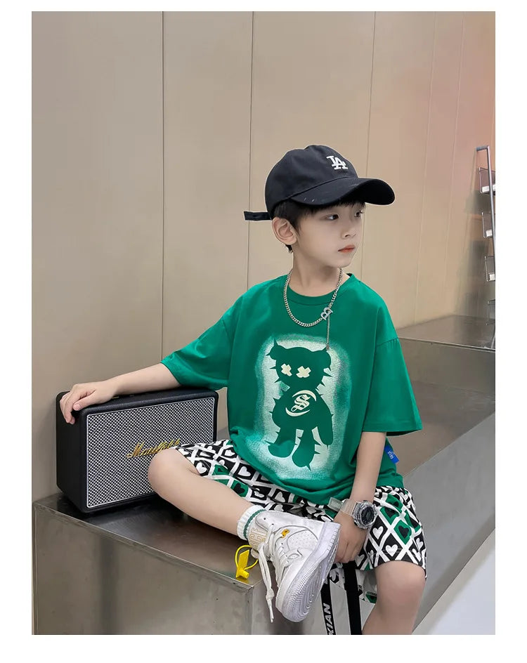Summer Boys Cotton Short-Sleeved T-shirt Tops+Drawstring Shorts Pant School Kids 2PCS Tracksuit Child Outfit Workout Set 3-14 Yr
