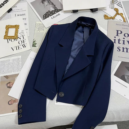 Autumn Solid Color Cropped Suit Jacket for Women Turn Down Collar Single Button Blazer Female Casual Office Lady Blazers Coat