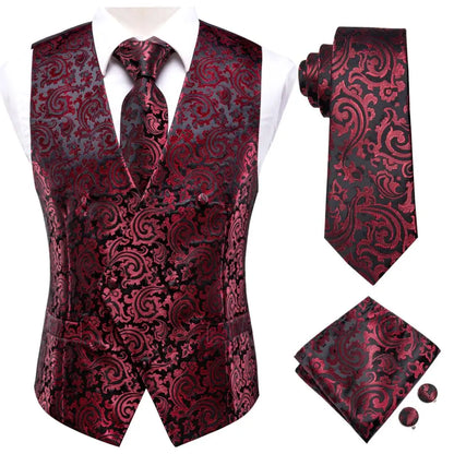 Jacquard Mens Suit Vests Gold Solid Plain 4PC Waistcoat Tie Hanky Cufflinks Set Business Wedding Dress Waist Jacket
