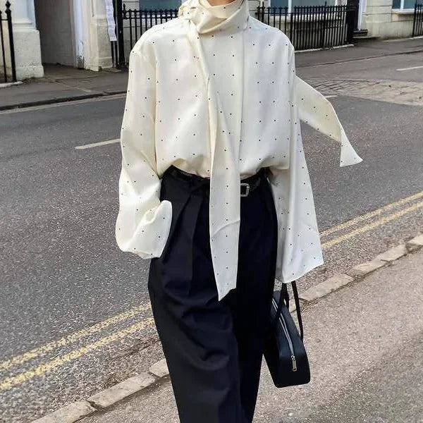 Polka Dot Printed Casual Shirt Women Satin Scarf Neck Elegant Long Sleeve Blouse 2026 New Autumn Lady Daily Street Chic Outwear