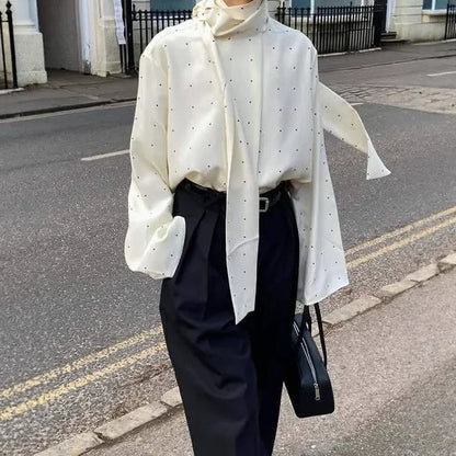 Polka Dot Printed Casual Shirt Women Satin Scarf Neck Elegant Long Sleeve Blouse 2026 New Autumn Lady Daily Street Chic Outwear