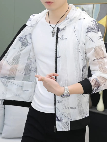 Men's Summer Mesh Sun Protection Clothing Trendy Stripe Print Ice Silk Cool Feeling Breathable Quick Dry Hooded Jacket