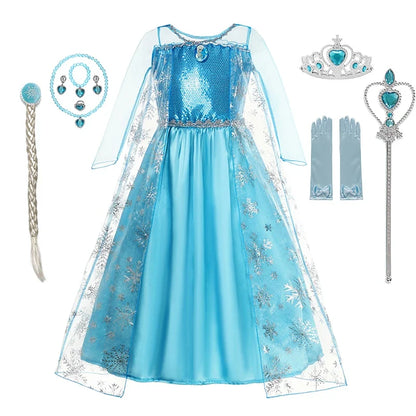 Elsa Dress for Girls Elsa Mesh Long Dress Costume Children Kids Carnival Snow Queen Cosplay Dress Purim Birthday Party Ball Gown