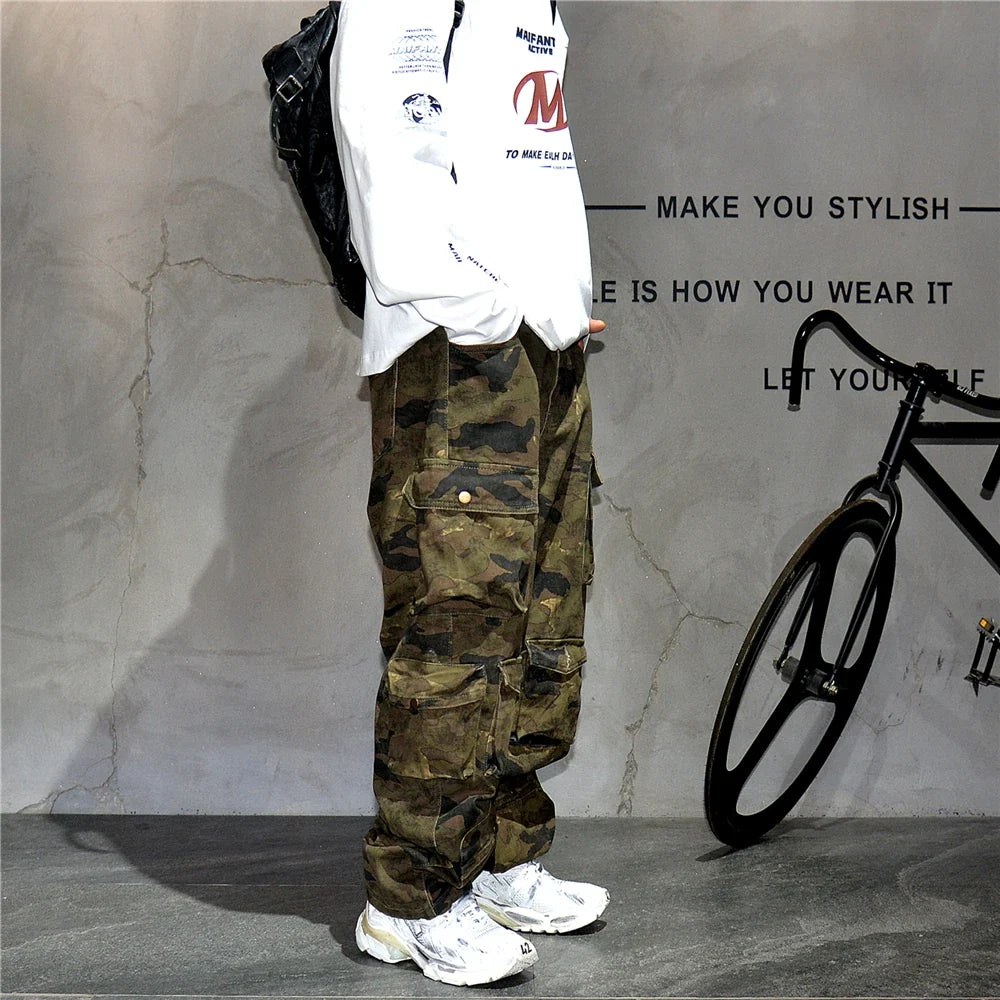 High Quality Vintage Multi-Pocket Camo Cargo Pants Mens Clothing High-End Fabric Tactical Baggy Pants Thick Casual Work Trousers