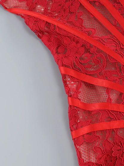 Christmas Dress For Women Red Lace Sexy Strapless Sleeveless Slim Supper Short Dress With Lace-Up
