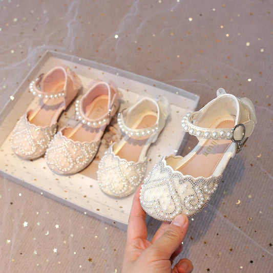 2025Summer Girls Sandals With Heel Fashion Rhinestone Shiny Glitter Shoes Children Princess Bowtie Pearl Dancing Shoes