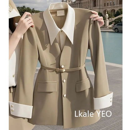 Women's Suit Coat 2025 Spring Autumn Advanced Popular Ladies  Blazer Jacket Casual Fake Two Items Temperament Lady Outerwear