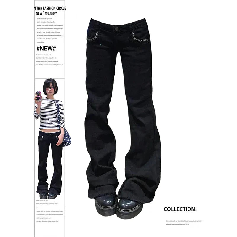 Women Low Rise Jeans Black Flared Denim Pants Gyaru American Retro Korean Cyber Punk Trumpet Jeans Y2k Skinny Bell Bottom