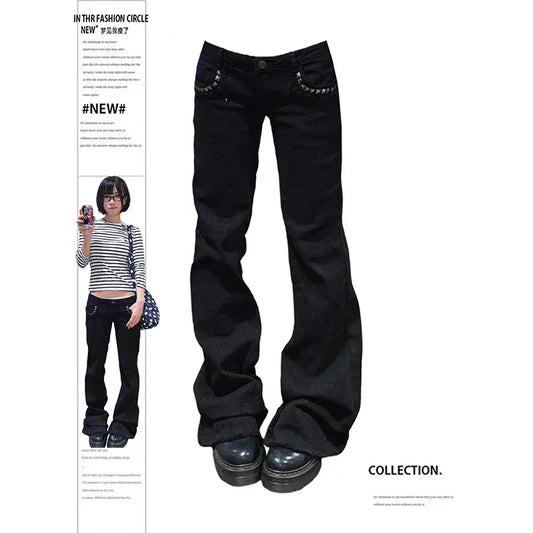 Women Low Rise Jeans Black Flared Denim Pants Gyaru American Retro Korean Cyber Punk Trumpet Jeans Y2k Skinny Bell Bottom