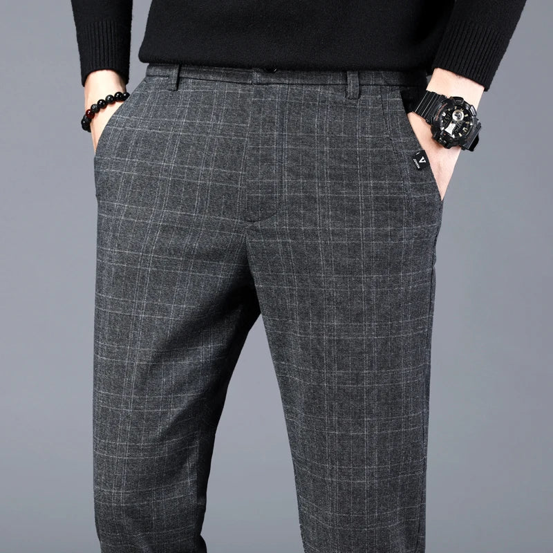 Autumn New Men's Plaid Striped Business Casual Pants Classic Fashionable Straight Elastic Casual Trousers Black Gray Male