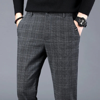 Autumn New Men's Plaid Striped Business Casual Pants Classic Fashionable Straight Elastic Casual Trousers Black Gray Male