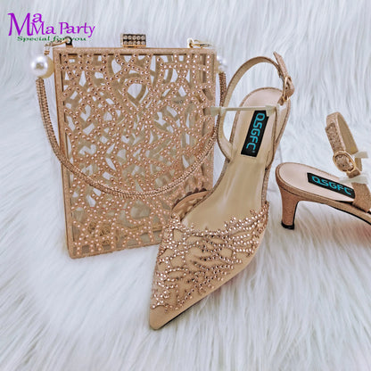 Classics Hollowing out Design 2024 Summer Autumn Italian Design Shoes and Bag Set in Orange  Color Mid Heels Comfortable for Par