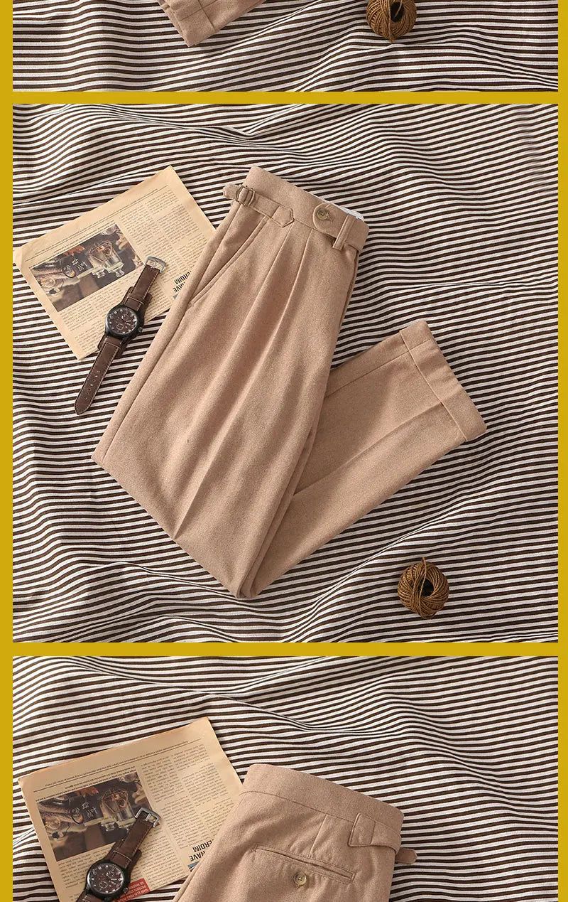 2026 Spring New Arrival Cashmere Fabric Khaki Flannel Loose Straight Leg Pants with Adjustable Waist Special Offer
