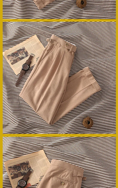 2026 Spring New Arrival Cashmere Fabric Khaki Flannel Loose Straight Leg Pants with Adjustable Waist Special Offer