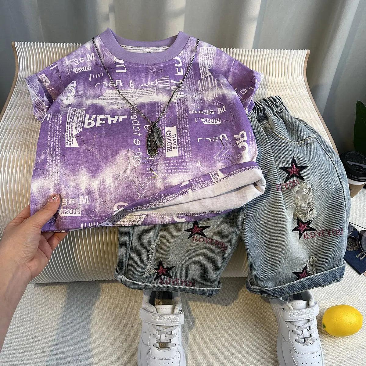Korean Children's Summer Clothes Kids Set Outfits Boys 2026 Handsome Sleeveless&Short Sleeved T-shirt Denim Shorts 2-piece Set
