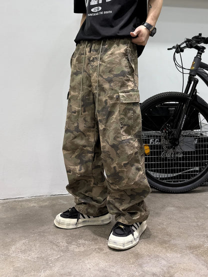 Vintage Camouflage Cargo Pants Men Tactical Multi Pocket Loose Fit Straight Leg Outdoor Casual High Quality Work Pants Trendy
