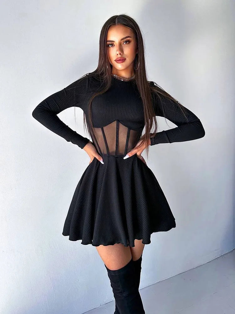 Fashion Solid Women's Mini Dresses A-Line Knitted Sheer Slim Fit Long Sleeves Bodycon O-Neck Party Streetwear Vestidos