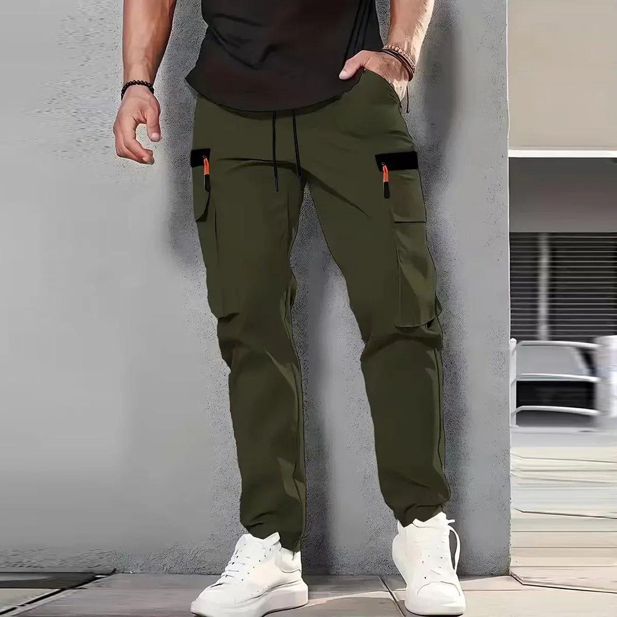 Men's Spring/Summer New Multi-pocket Quick-dry Straight-leg Cargo Pants, Waterproof Fabric with Drawstring Design