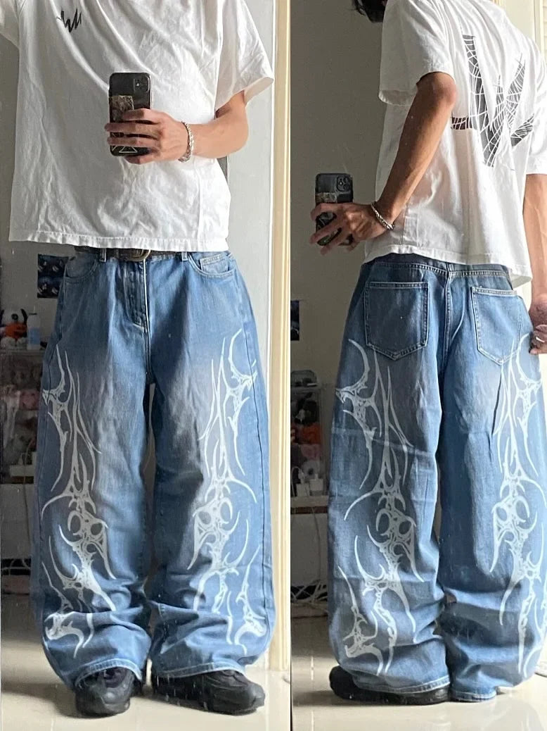 vintage style printing black baggy jeans harajuku trend men women hip hop fashion casual Joker couple Wide-leg pants streetwear