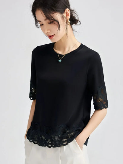 Women's Lace Trim Round Neck Short Sleeve T-Shirt 2025 Summer Slim Fit Casual Minimalist Solid Color Versatile Top