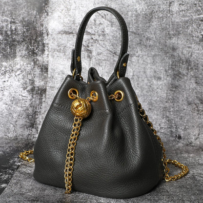 New Vintage Fashion Chain Bag Genuine Leather Multi-Way Bucket Bag for Women Compact Stylish Crossbody Purse