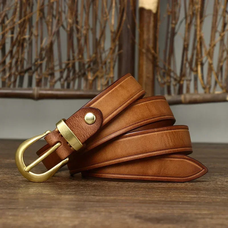 2.4 CM Pure Cowhide Genuine Leather Ladies High Quality Jeans Brass Buckle Belts Cowboy Fashion Designer Belts for Women luxury