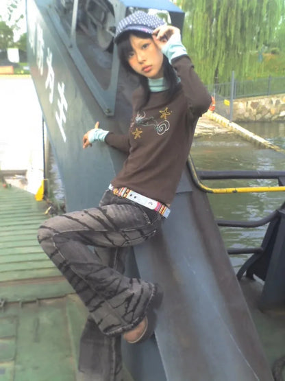 Karrram Japanese Y2k Turtleneck T-shirt Grunge Aesthetics Patchwork Tops Vintage Diamond Print Long Sleeve Tshirt Harajuku 2000s