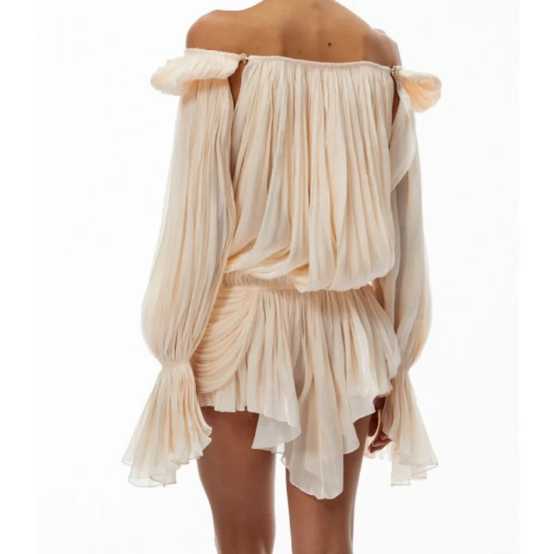 Satin Off Shoulder Pleated Mini Dress for Women Fashion Puff Sleeve  Cinched Waist Prom Party Skirt 2026 NEW Summer Lady Dresses