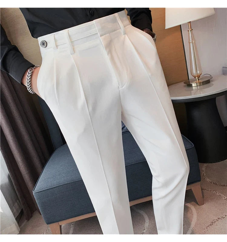 Autumn Winter High Quality Solid Casual Pants Men Belt Design Slim Fit Trousers Formal Office Business Social Party Suit Pants