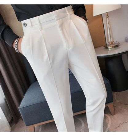 Autumn Winter High Quality Solid Casual Pants Men Belt Design Slim Fit Trousers Formal Office Business Social Party Suit Pants