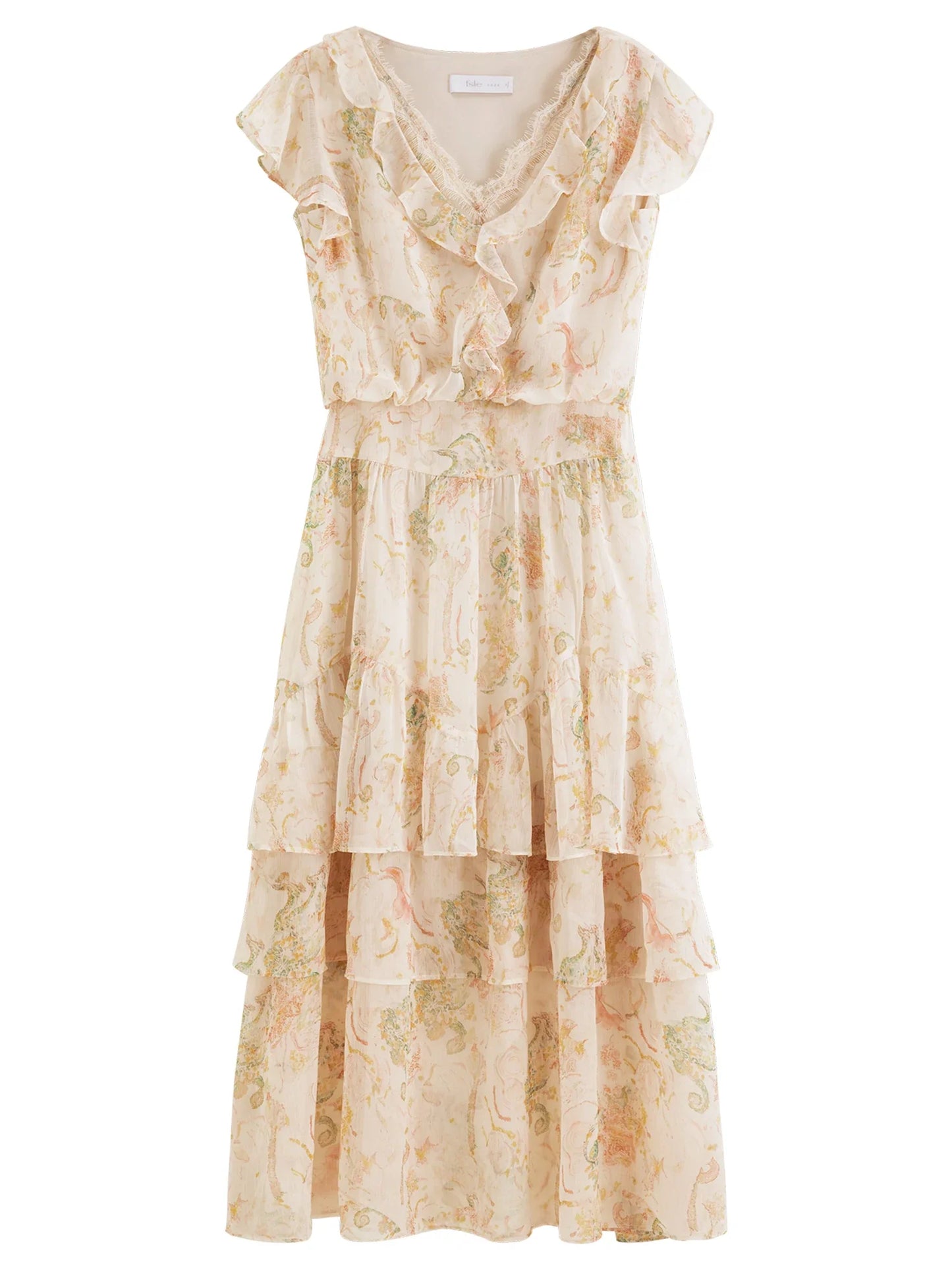 2026 Summer Women‘s Tiered Ruffle Lace Trim Chiffon Long Short Dress Flowy Smocked Maxi for French Romantic Coquette Style