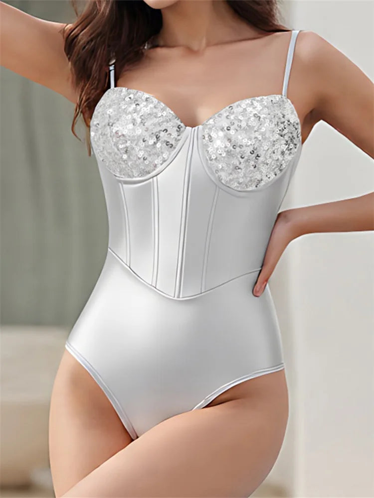 Women's Slim Sleeveless Bodysuit Sparkly Sequin Spaghetti Strap Triangle Romper Leotard Tops