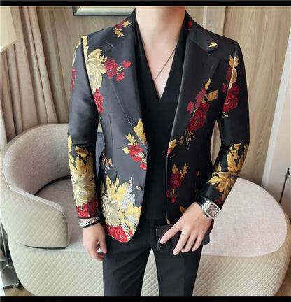 New Men Embroidered Jacquard Slim Fit Casual Suit Jacket Formal Prom Party Stage Costume Man Tuxedo Gentleman Blazers Suit Tops