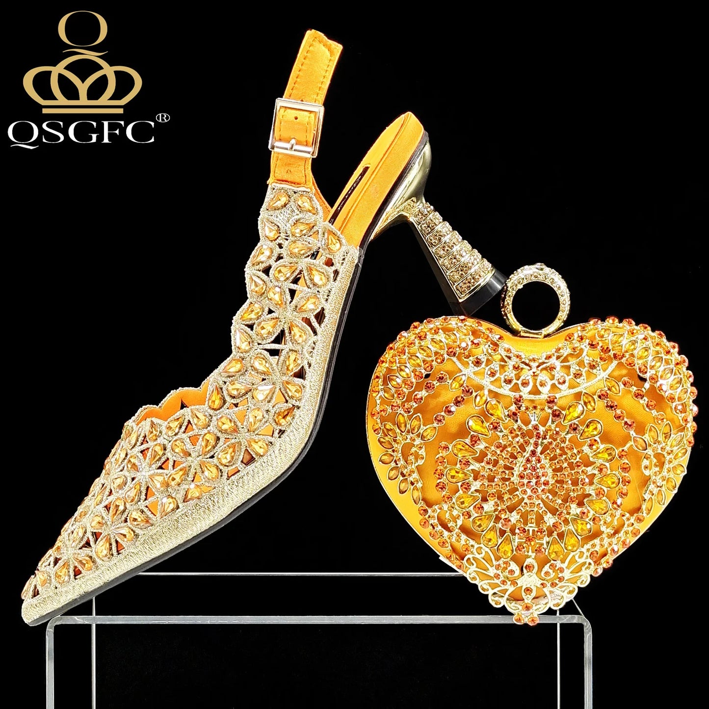 Italian Design Rhinestone-encrusted Sex Ladies Shoes And Special Bag High Heels And Heart Shape Gold Mini Bag