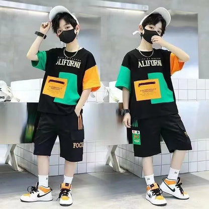 Summer Boys Clothes Sets Teenager Casual Outfits Kids Print T-shirt +Shorts 2Pcs Children Short Sleeve Tracksuit Suits 5-12 Year