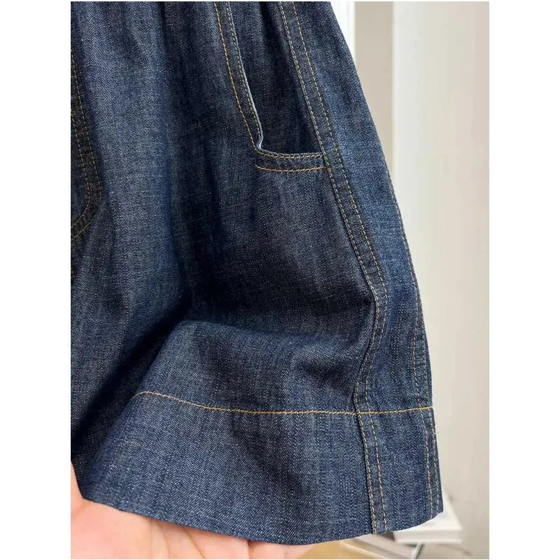 European-style high-end elastic waist casual denim shorts for women, summer thin loose high-waist A-line wide-leg hot pants