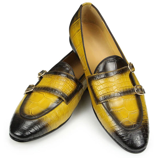 Men Loafers Double Monk Strap Slip on Fashion Casual Penny Footwear Business Wedding Evening Genuine Leather Crocodile Printing