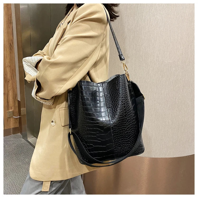 Women Bag Vintage Crocodile Pattern Crossbody Bags for Women PU Leather Trend Designer Shoulder Handbags Large Capacity Bucket
