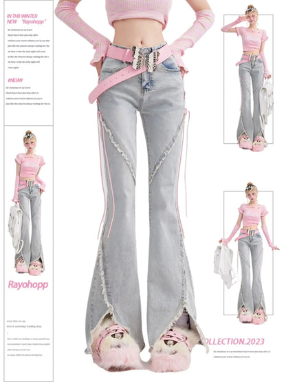 Harajuku Streetwear Retro Fashion Women High Waist Jeans Horn Fork Design Wide Leg Straight Loose Denim Trousers Y2K Baggy Pants