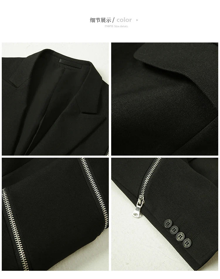 2024 Autumn New Zipper Decoration Blazer Men Casual Slim Fit Business Dress Coats Homme Formal Social Prom Tuxedo Men Clothing