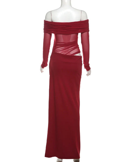 Sexy Dress Women 2025 Spring Patchwork Mesh Elegant Slash Neck Ruched Fit Chic Birthday Party Festival Vacation Vestidos