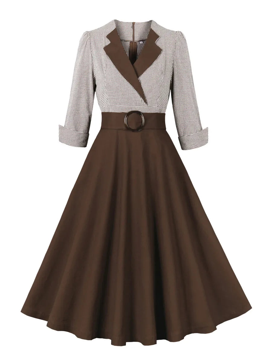 Plaid and Black Elegant Ladies Rockabilly Cotton Dresses Notched Collar 3/4 Sleeve Autumn Winter Women Vintage Dress