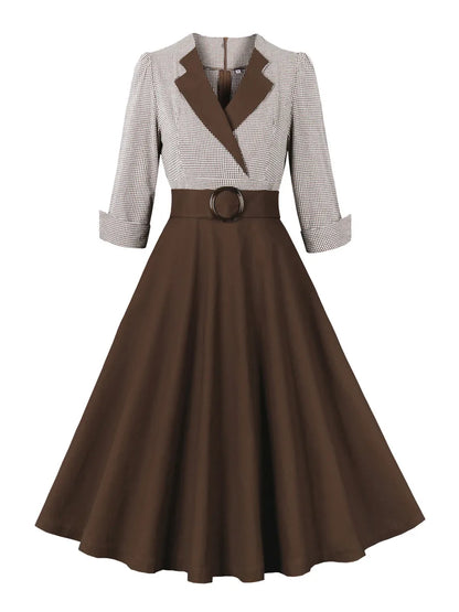 Plaid and Black Elegant Ladies Rockabilly Cotton Dresses Notched Collar 3/4 Sleeve Autumn Winter Women Vintage Dress