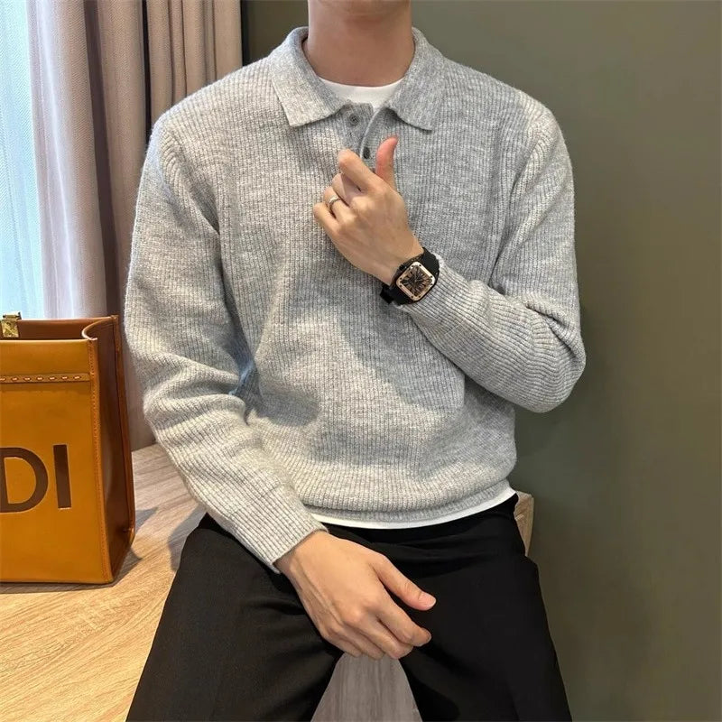Mens Knit Sweater Autumn Winter Pullover Korean Soft Heavyweight Knit Polo Sweaters Minimalist Long Sleeve Solid Casual Top