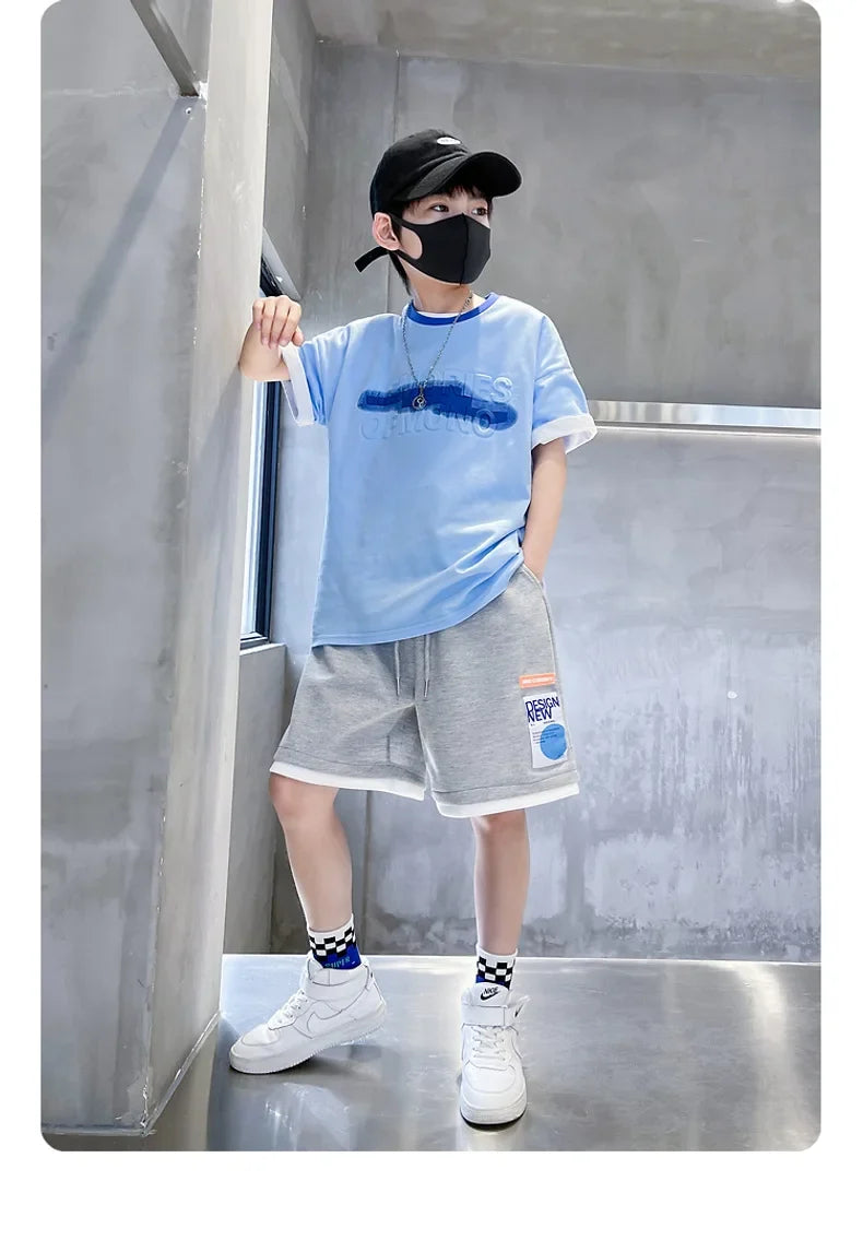Summer Boys Cotton Alphabet Embossing t-Shirt Tops+Drawstring Short Pants Set School Kids Tracksuit Child Outfit Suit 5-16 Years