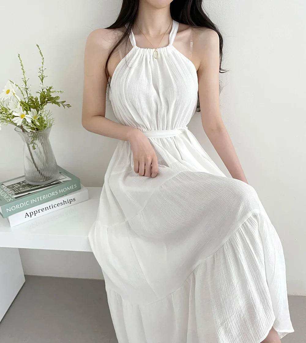 Korean Style Summer Slimming Necktie Waist Cinched Sleeveless Vest Long Dress Women's Fashionable Commute Style Inner Wear
